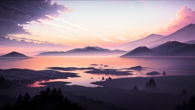 高山湖泊和山脉上宁静的日落